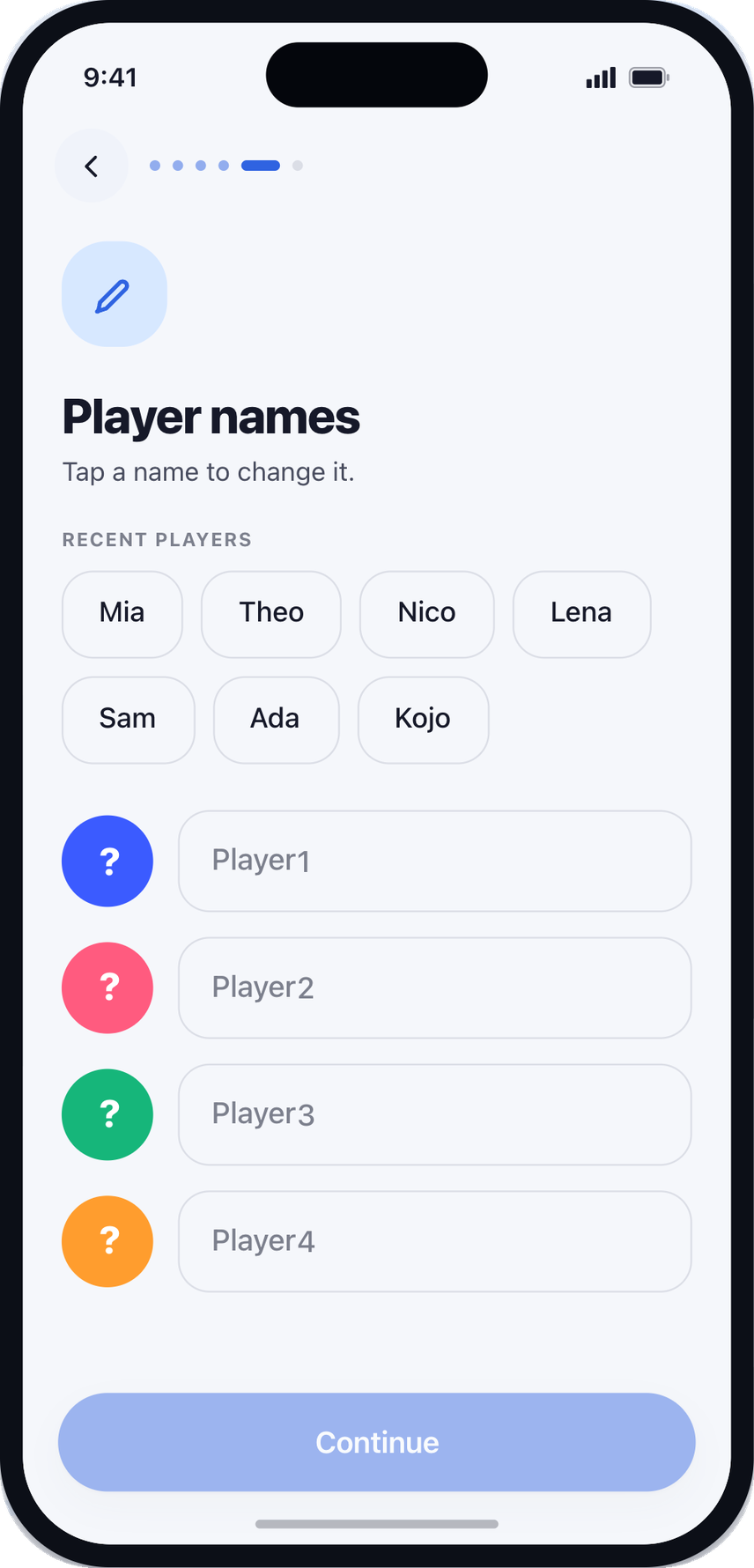 Naming players during tournament setup