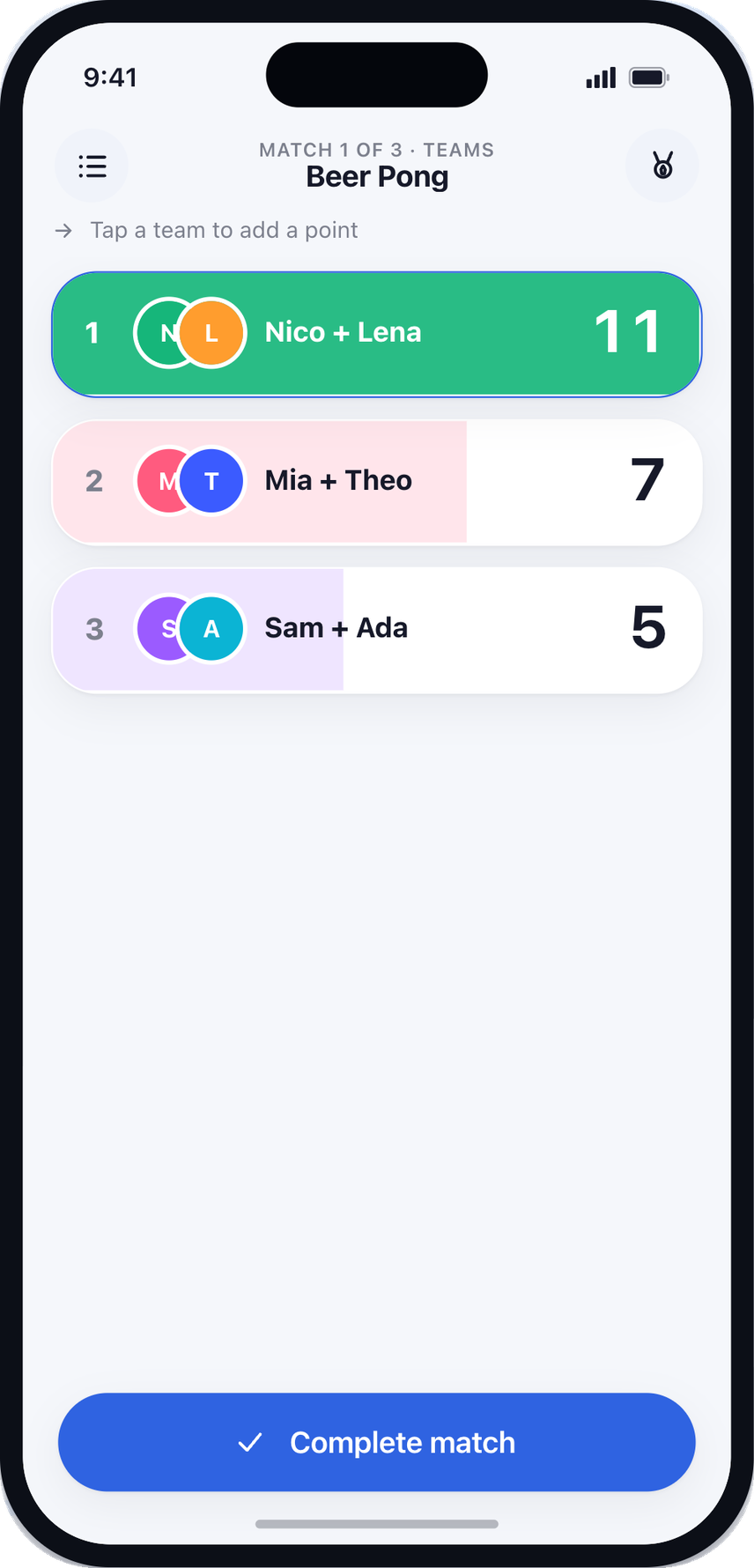 Scoring a team match by tapping a team